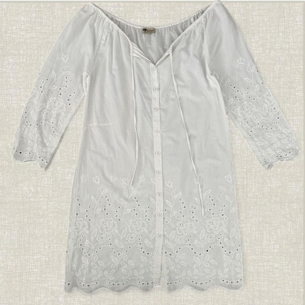 Italian Ayfee White Cotton Eyelet Floral Tunic Boho Coverup Button Front S/M‎